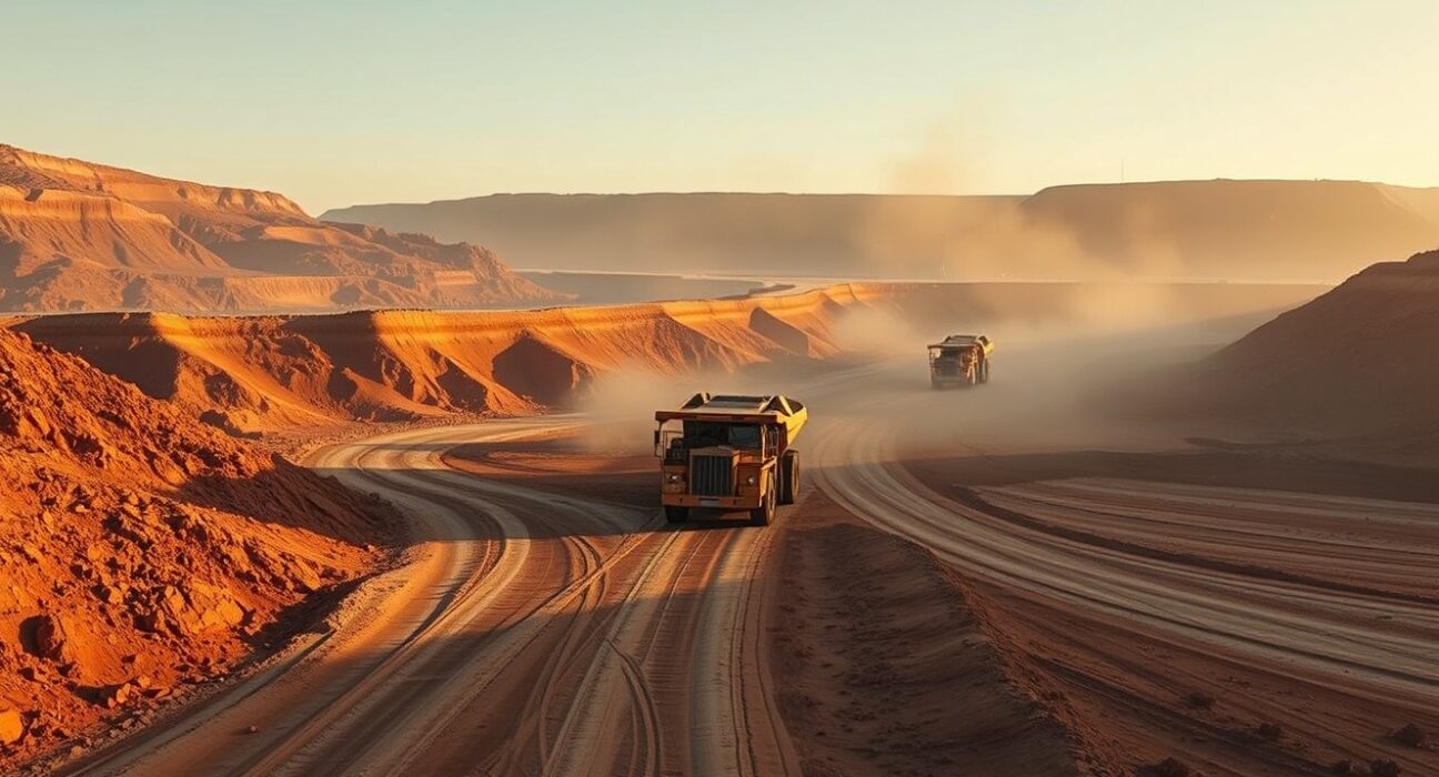 Large open-pit copper mine with haul trucks at dawn, illustrating industrial metal supply and geopolitical pressures.