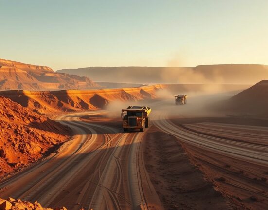 Large open-pit copper mine with haul trucks at dawn, illustrating industrial metal supply and geopolitical pressures.