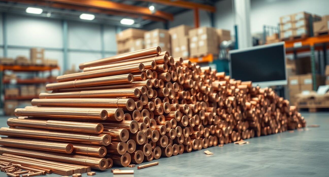 Pile of refined copper cathodes in a warehouse, representing copper high prices and market analysis by Commerzbank.