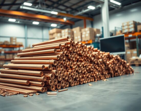 Pile of refined copper cathodes in a warehouse, representing copper high prices and market analysis by Commerzbank.