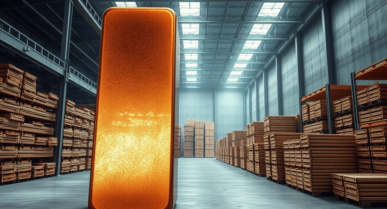 Copper ingots stored in a warehouse, representing the hoarding and potential supply crunch risk analyzed by TD Securities.
