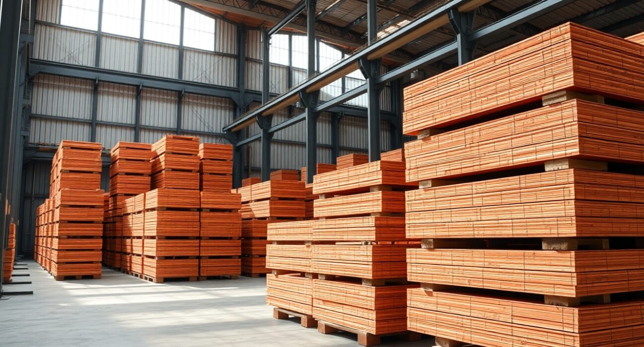 Warehouse storage of copper cathode sheets reflecting global inventory buildup impacting market