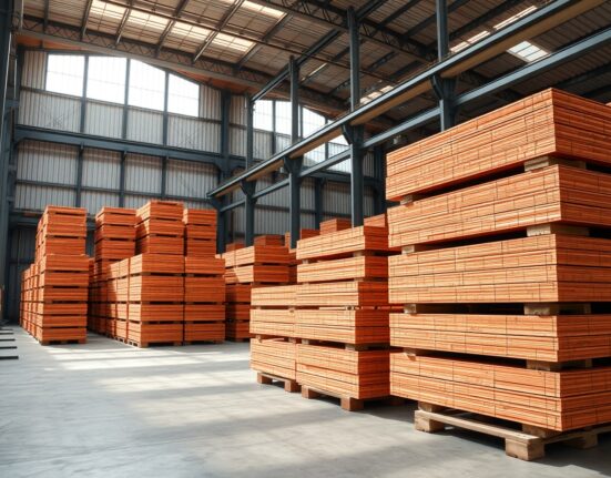 Warehouse storage of copper cathode sheets reflecting global inventory buildup impacting market
