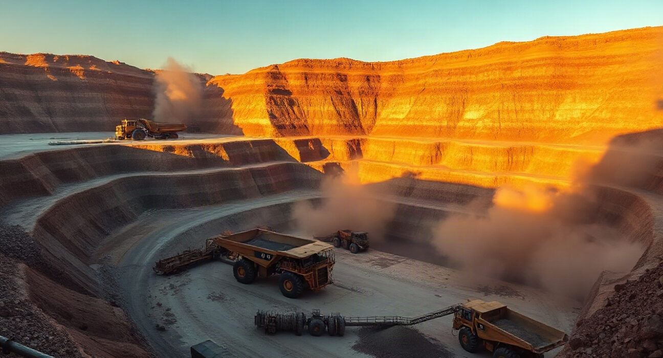 Open-pit copper mine with heavy machinery at sunset, representing supply disruptions.