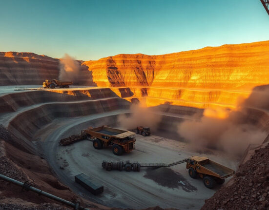 Open-pit copper mine with heavy machinery at sunset, representing supply disruptions.
