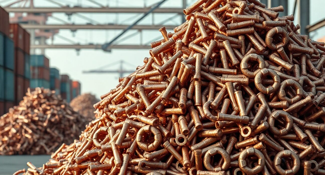 Stack of copper cathodes in a warehouse representing industrial metal commodity market