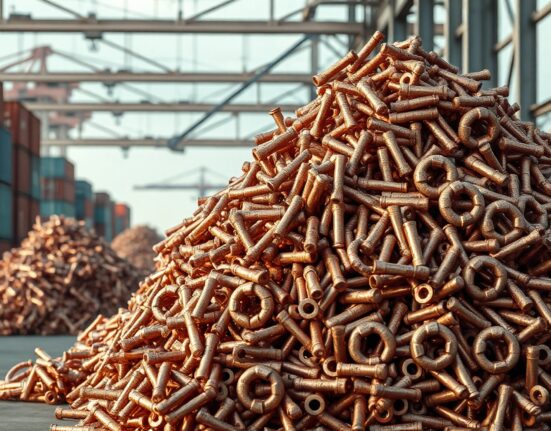 Stack of copper cathodes in a warehouse representing industrial metal commodity market