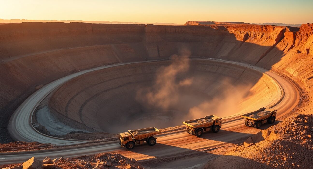 Open-pit copper mine with haul trucks at sunset, illustrating tight supply conditions.
