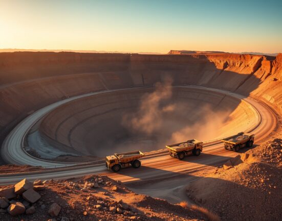 Open-pit copper mine with haul trucks at sunset, illustrating tight supply conditions.