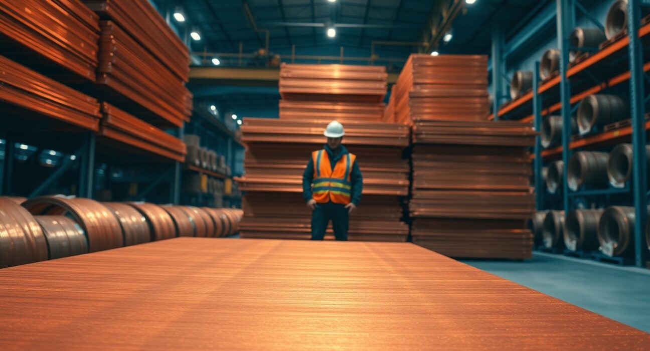 Industrial warehouse with stacked copper cathode sheets and a worker inspecting inventory, representing current oversupply and future market tightness.