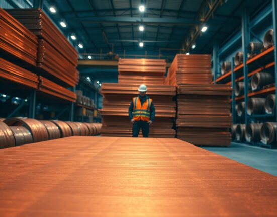 Industrial warehouse with stacked copper cathode sheets and a worker inspecting inventory, representing current oversupply and future market tightness.