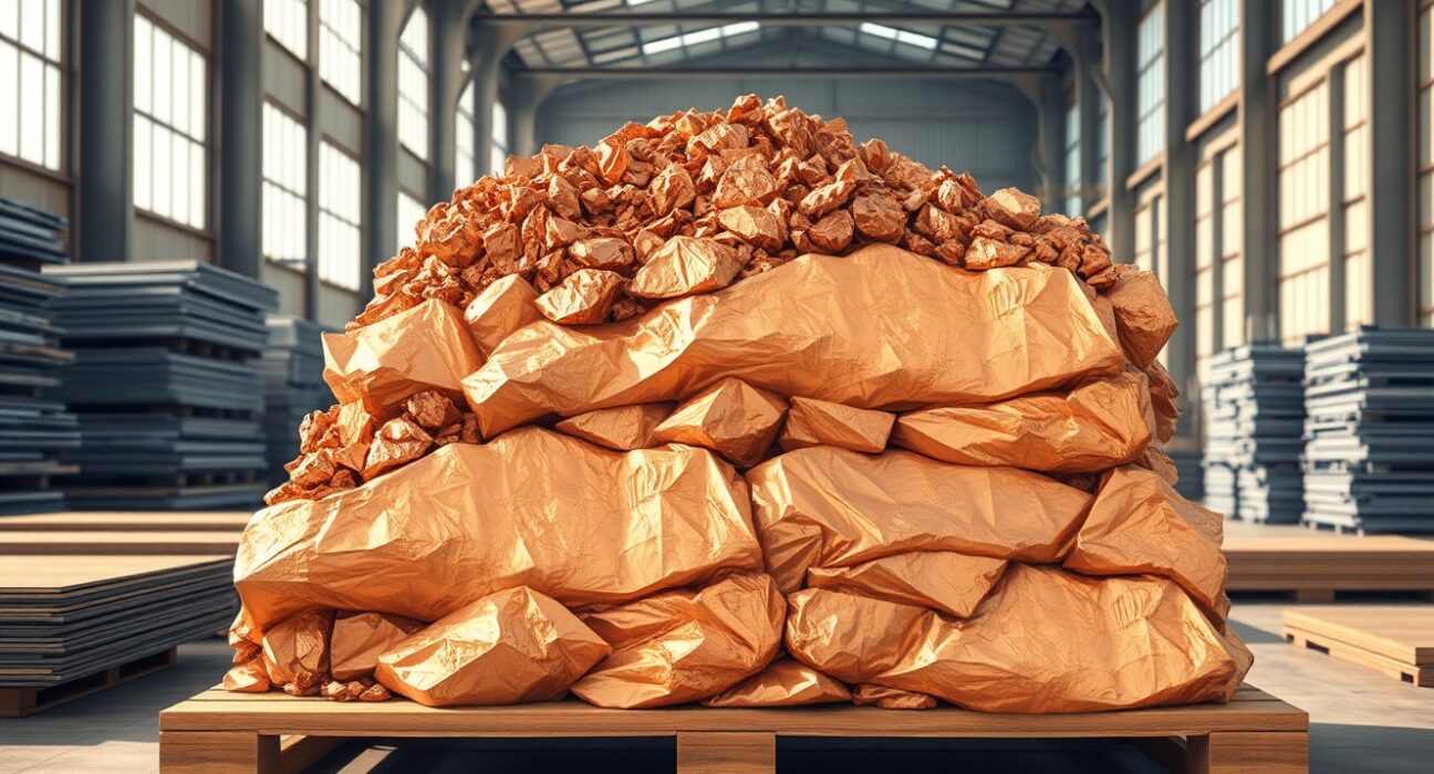 Copper cathodes and ore in a Chinese warehouse, representing copper demand and China restocking activity.