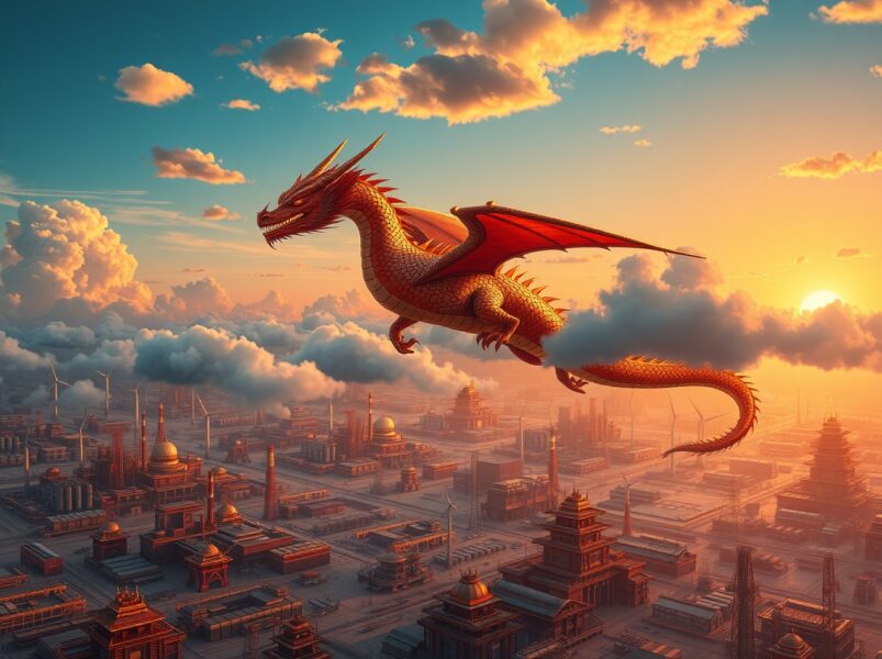 Copper market dynamics driven by Chinese industrial and green energy demand, illustrated metaphorically.