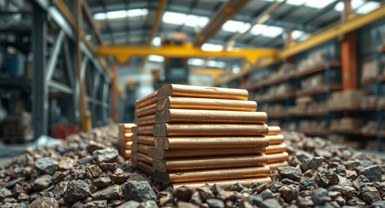 Stack of copper cathode bars in an industrial warehouse, representing tight copper supply.