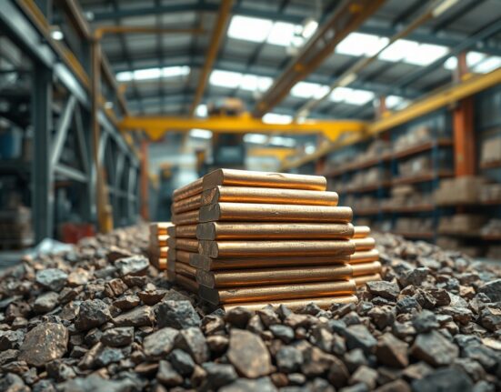 Stack of copper cathode bars in an industrial warehouse, representing tight copper supply.