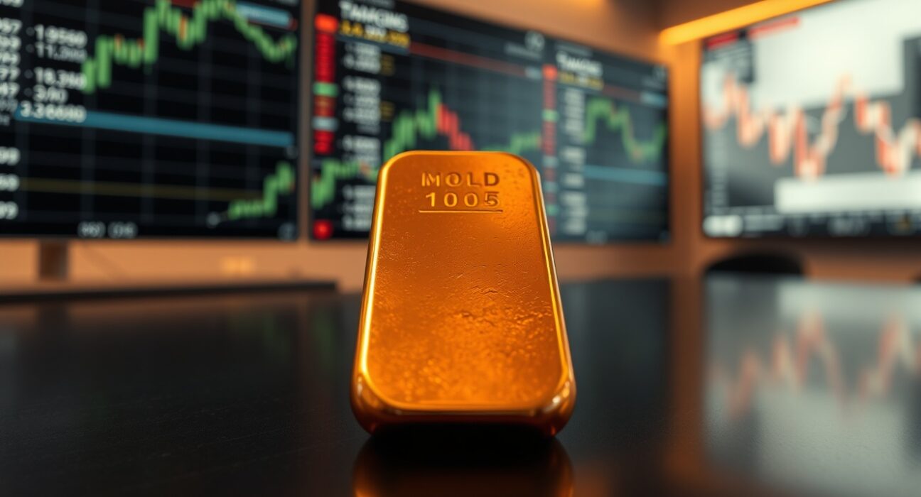 Close-up of a polished copper ingot on a dark surface with blurred financial charts in the background
