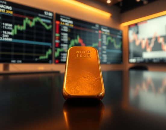 Close-up of a polished copper ingot on a dark surface with blurred financial charts in the background