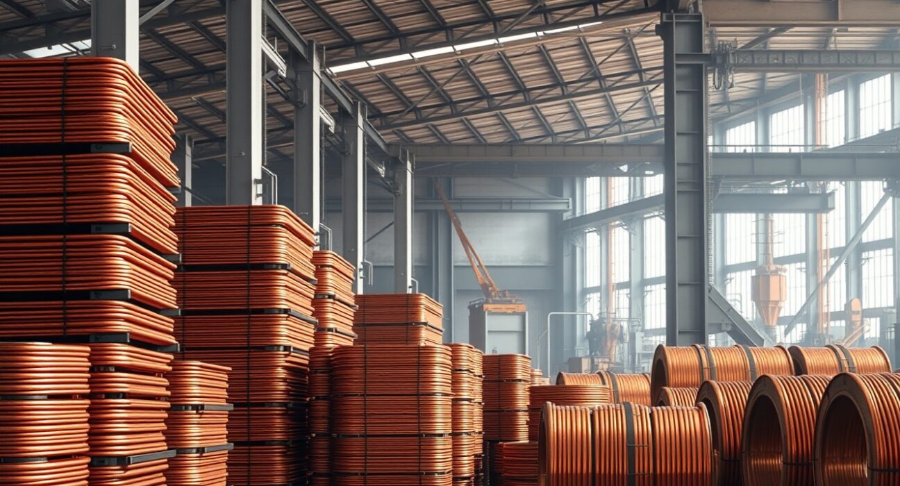 Industrial copper cathodes and coils in a refinery warehouse