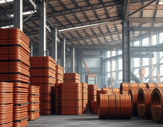 Industrial copper cathodes and coils in a refinery warehouse