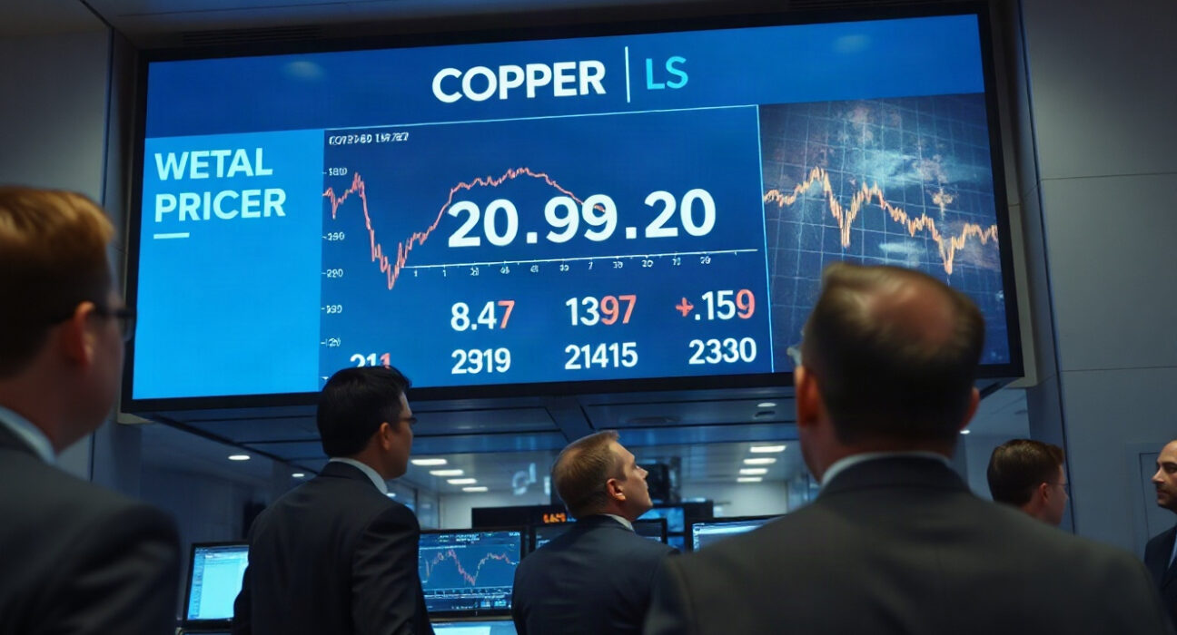 LME trading floor with copper price screens showing decline