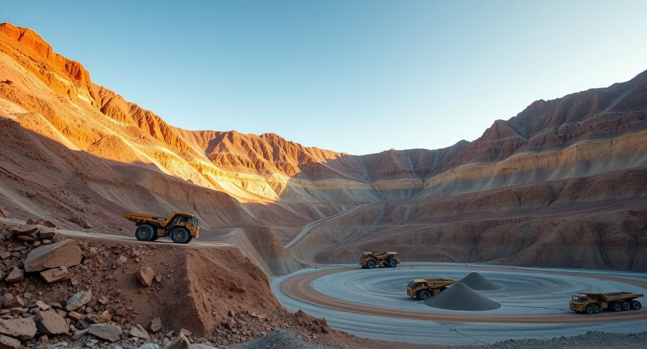 Aerial view of a large open-pit copper mine with heavy machinery and terraced excavation levels.