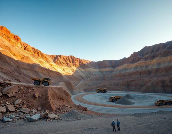 Aerial view of a large open-pit copper mine with heavy machinery and terraced excavation levels.