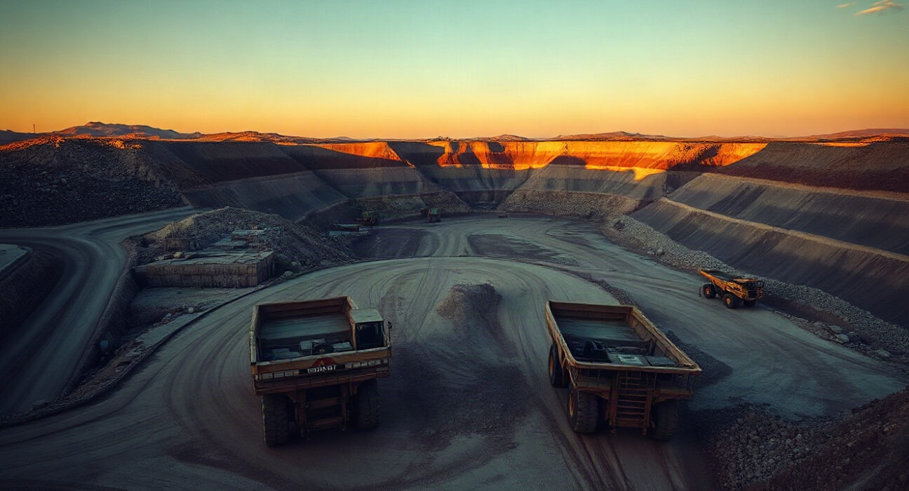 Aerial view of a large open-pit copper mine with haul trucks operating on terraced levels.