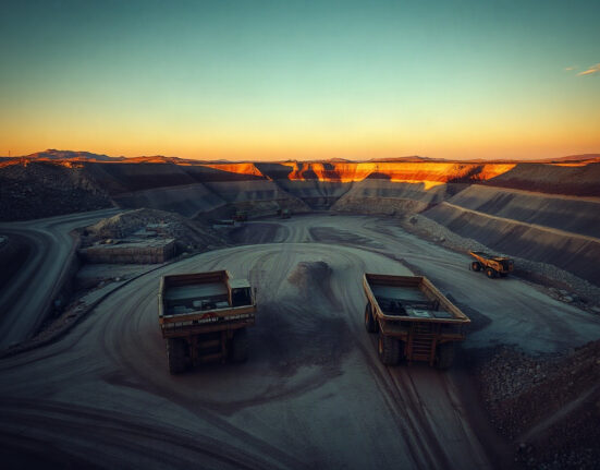Aerial view of a large open-pit copper mine with haul trucks operating on terraced levels.