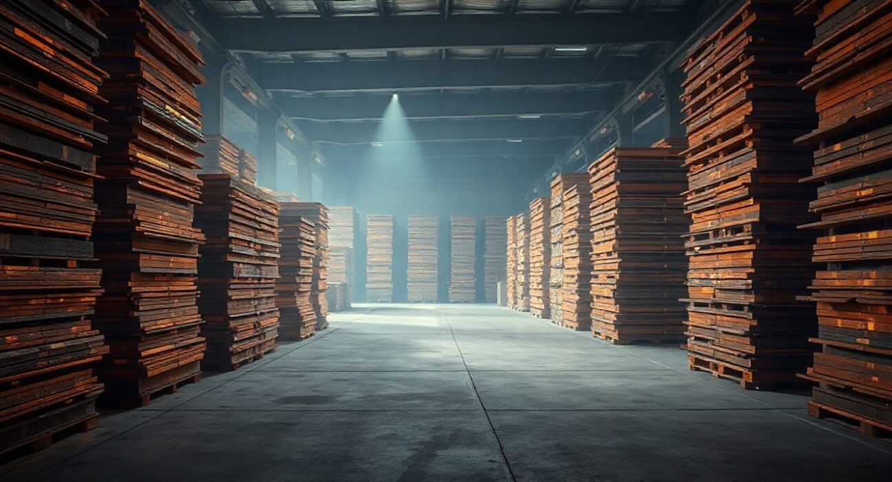 Stacked copper cathodes in a warehouse reflecting tight supply conditions supporting copper prices.