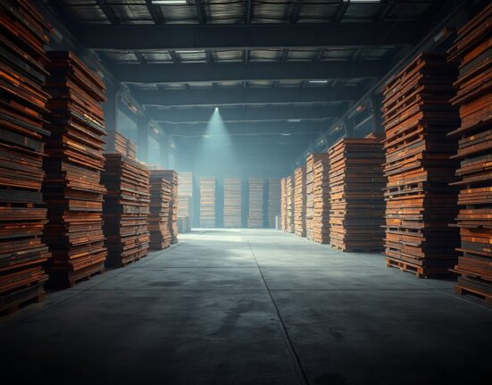 Stacked copper cathodes in a warehouse reflecting tight supply conditions supporting copper prices.