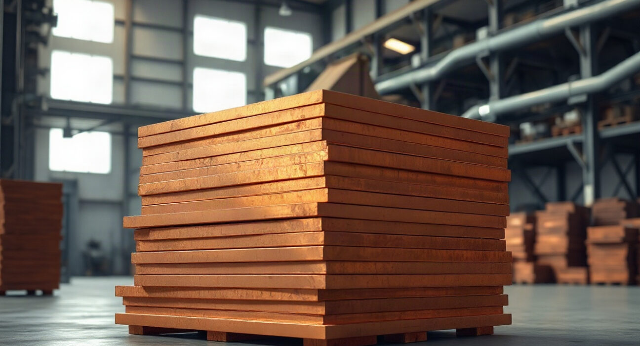 Stack of refined copper cathode plates in an industrial warehouse, representing tight physical copper supply.