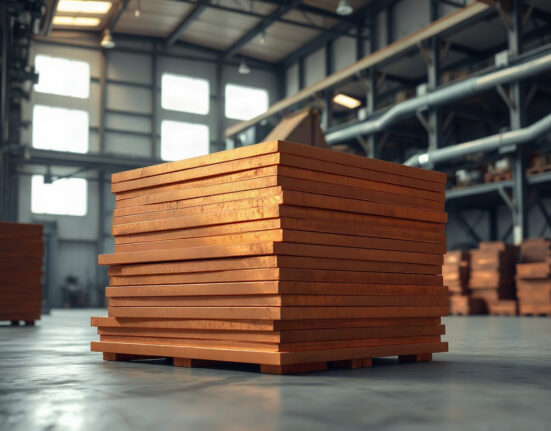 Stack of refined copper cathode plates in an industrial warehouse, representing tight physical copper supply.