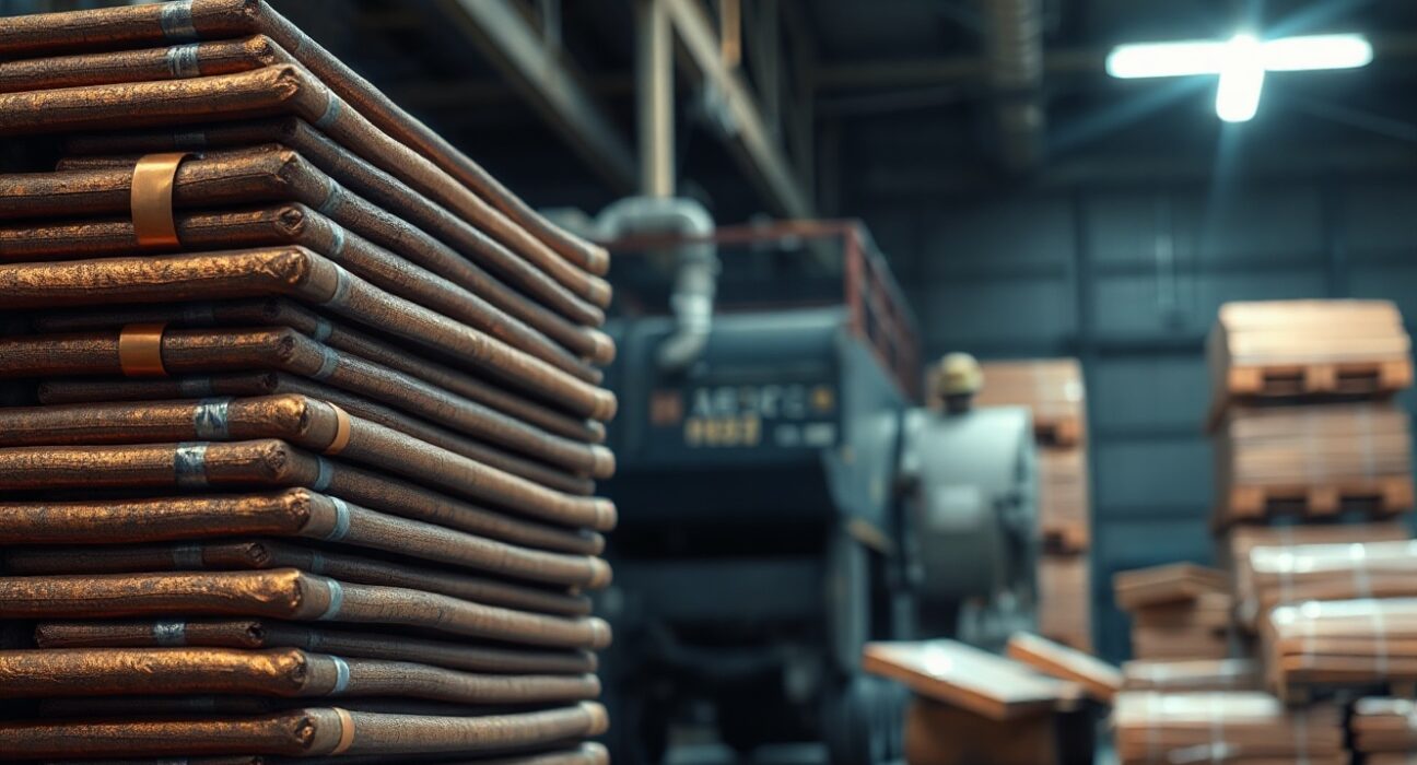 Stack of raw copper cathodes in an industrial warehouse under cool lighting