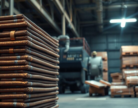 Stack of raw copper cathodes in an industrial warehouse under cool lighting