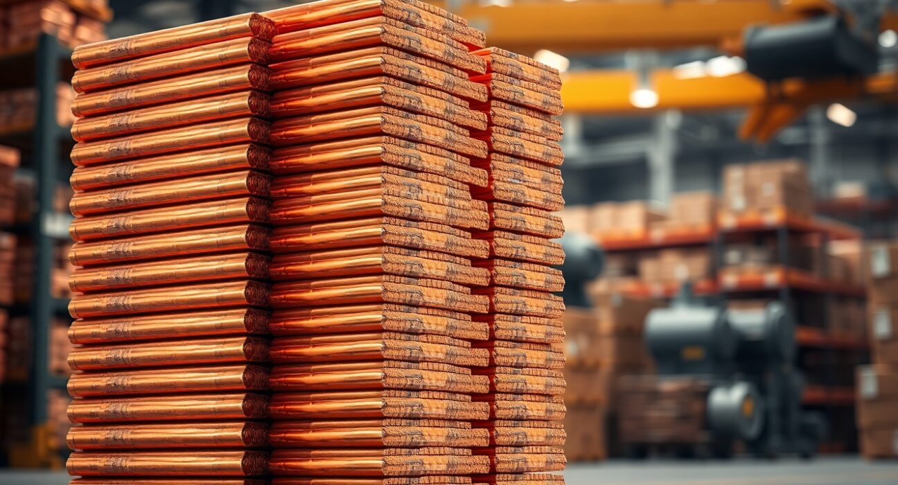 Stack of refined copper cathodes in an industrial warehouse, representing the metal's market dynamics.