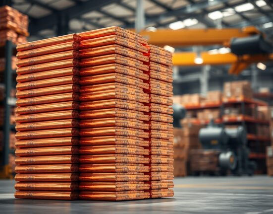 Stack of refined copper cathodes in an industrial warehouse, representing the metal's market dynamics.