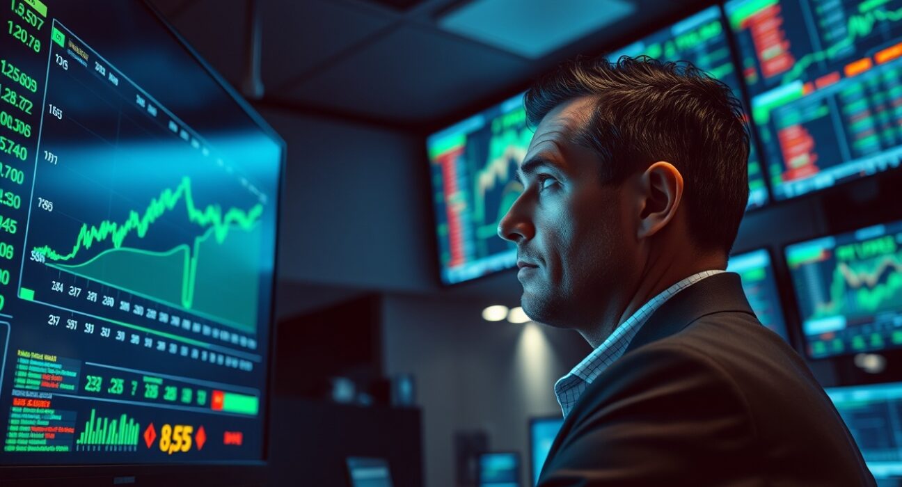Trader monitoring copper price chart on a trading floor with green indicators.
