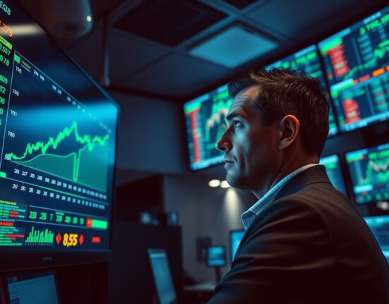 Trader monitoring copper price chart on a trading floor with green indicators.