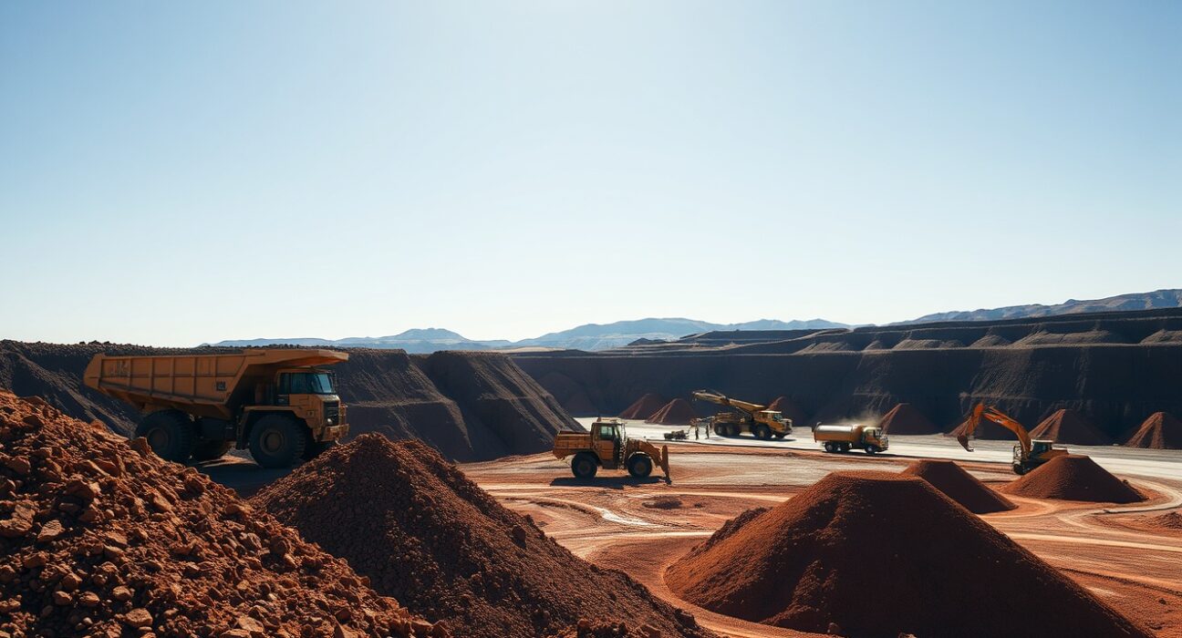 Aerial view of a copper mine with heavy machinery and ore piles under bright daylight.