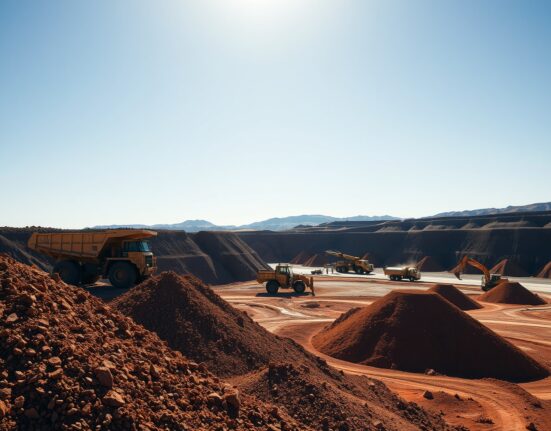 Aerial view of a copper mine with heavy machinery and ore piles under bright daylight.