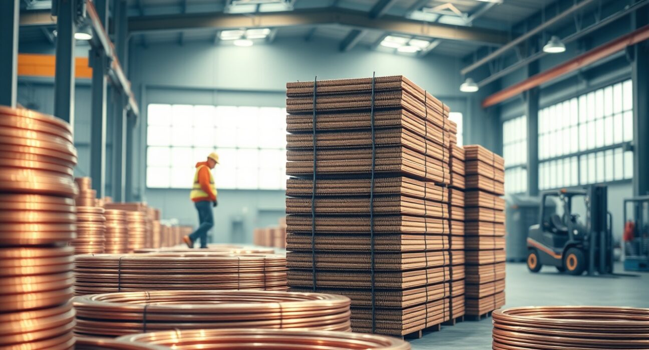 Stacked copper cathode plates in a dimly lit industrial warehouse, symbolizing market tension over tariff risks.