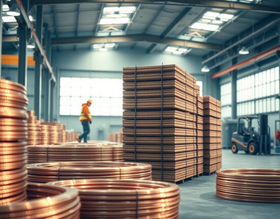 Stacked copper cathode plates in a dimly lit industrial warehouse, symbolizing market tension over tariff risks.
