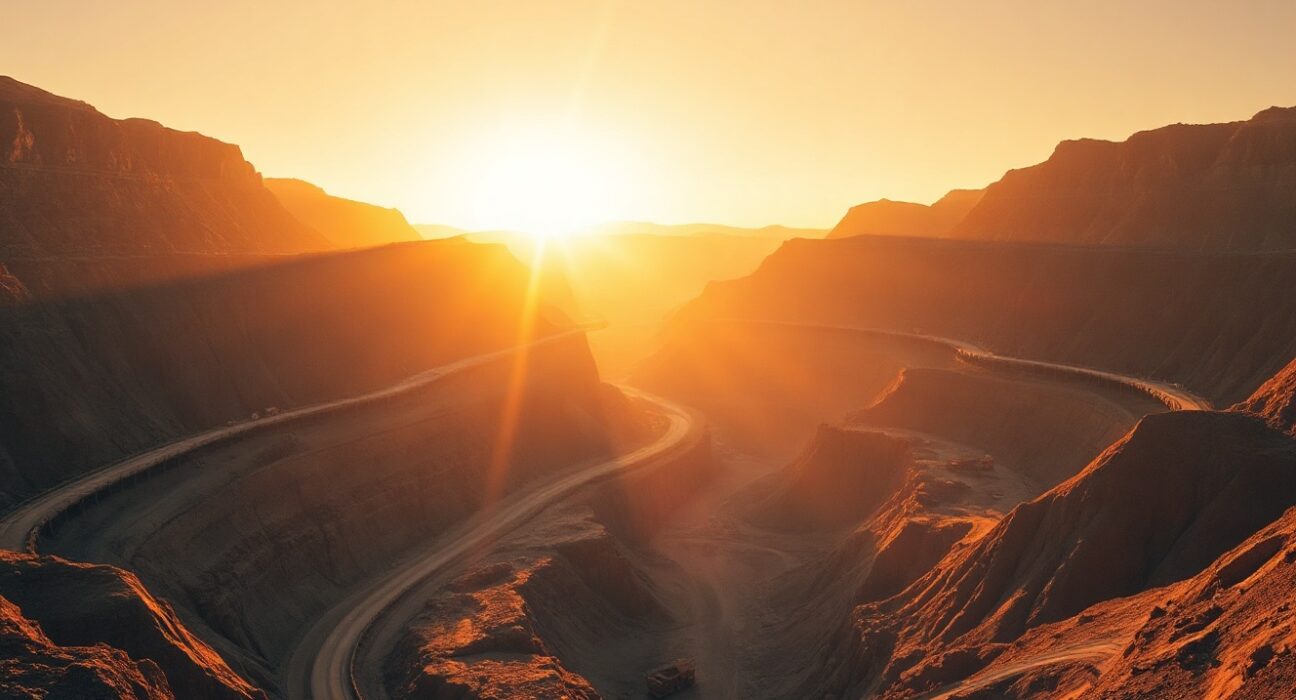 Aerial view of a large open-pit copper mine at sunrise with terraced walls and mining trucks.