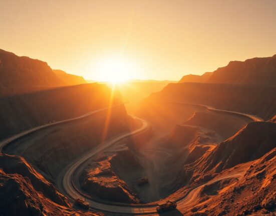 Aerial view of a large open-pit copper mine at sunrise with terraced walls and mining trucks.