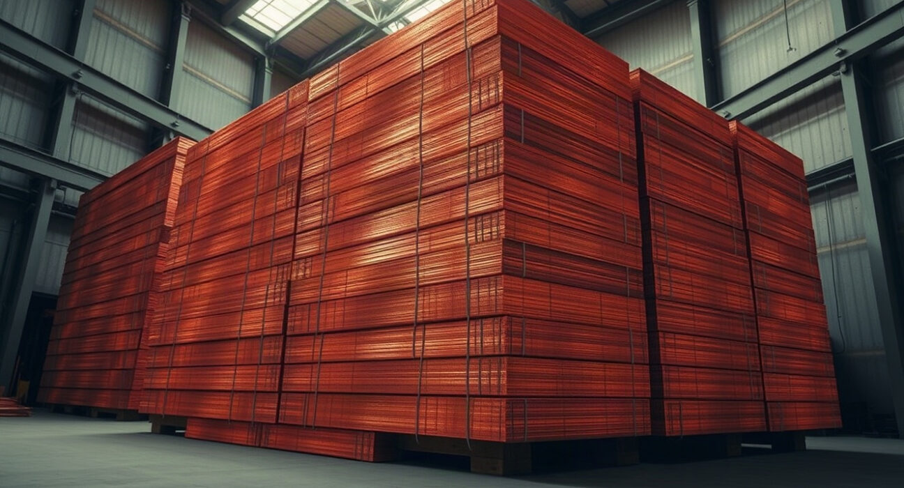 Stack of raw copper cathodes in an industrial warehouse, representing tight supply.