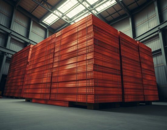 Stack of raw copper cathodes in an industrial warehouse, representing tight supply.