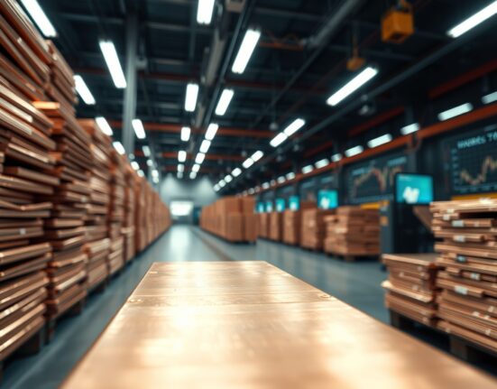 Copper cathodes stacked in an industrial setting, symbolizing the metal at the center of tariff-driven market shifts.