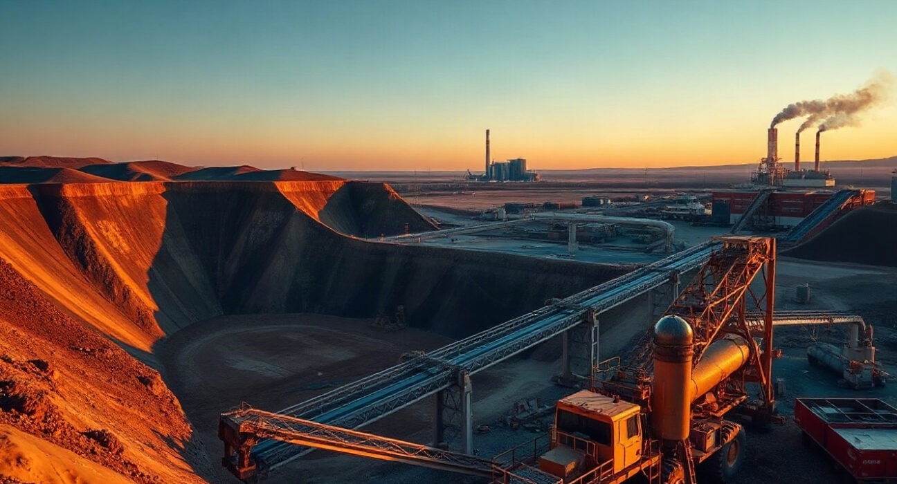 Open-pit copper mine with heavy machinery at dusk, illustrating the industrial supply chain affected by tariff distortions.