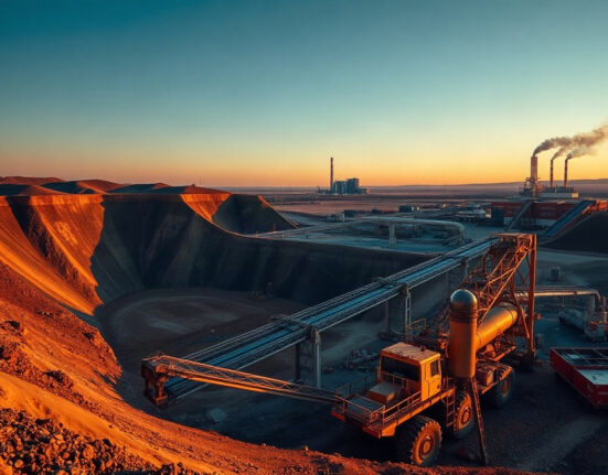 Open-pit copper mine with heavy machinery at dusk, illustrating the industrial supply chain affected by tariff distortions.
