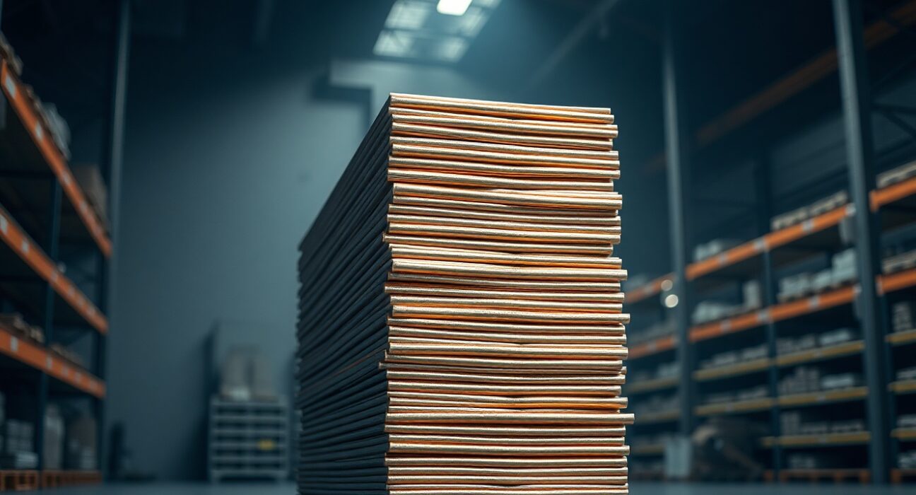 Stack of refined copper cathodes in an industrial warehouse, representing the base metal market and trade policy uncertainty.